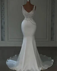 New Luxury Wedding Dress V-Neck Pearls Beads Lace Appliques Mermaid Satin Bridal Gown Floor-Length 2024 Wedding Party Dress