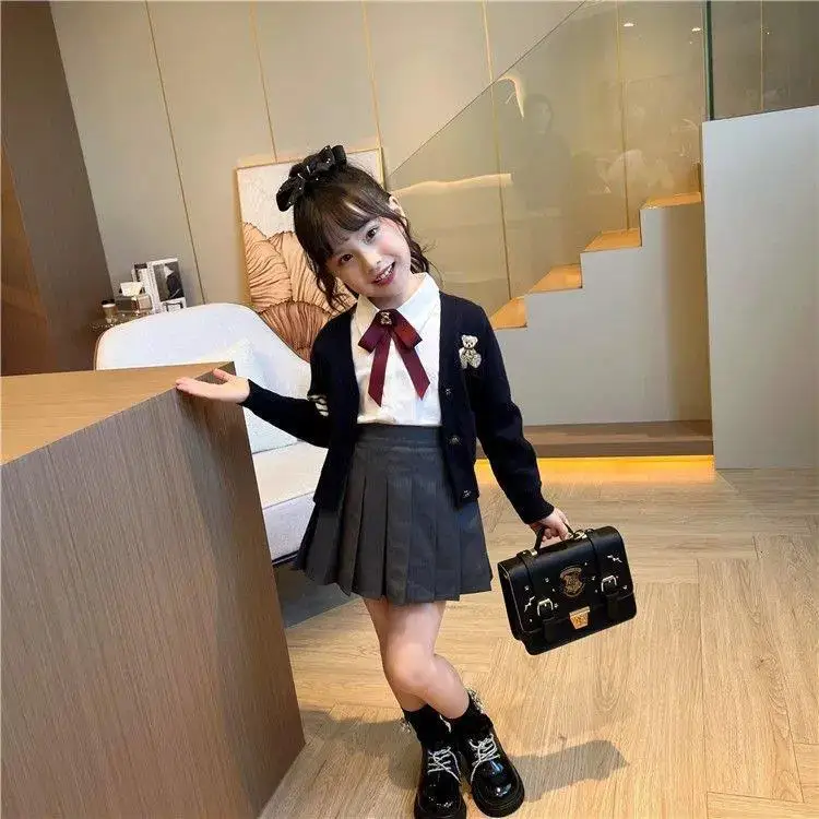 Girls Autumn Clothing 2022 New JK Preppy Style Uniform Suit White Shirt Short Skirt Cardigan Medium and Large Children\'s Set