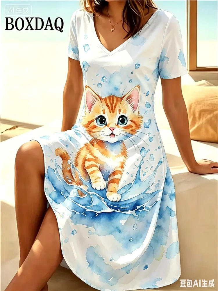 Women 3D Cats Print Dress Fashion 2026 Funny Kawaii V-Neck Home Dress Female Clothing Plus Size Summer Casual Short Sleeve Dress
