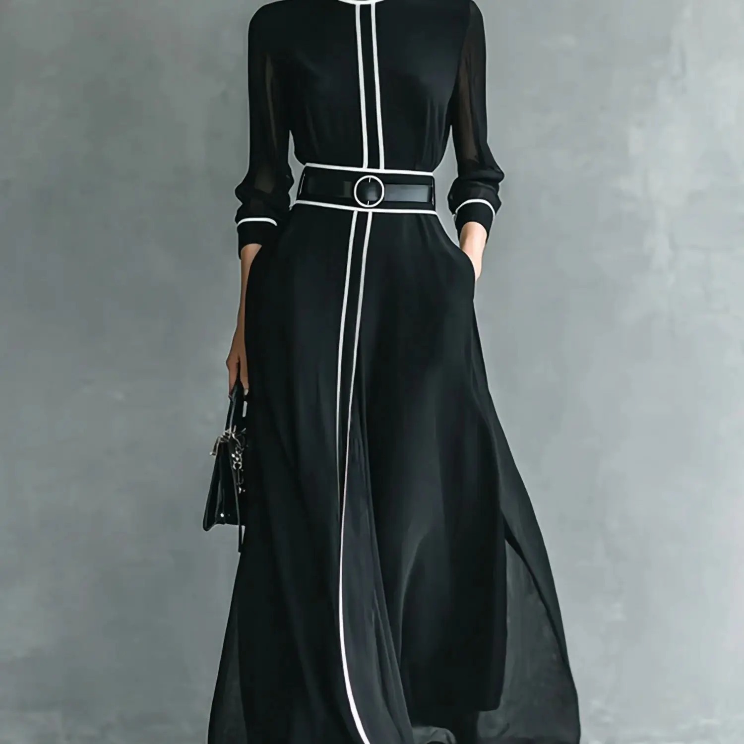 Franse elegante chiffon maxi-jurk, hoge hals met lange mouwen en witte piping, ideaal voor kantoor, zakelijke gelegenheden, banketten & feesten