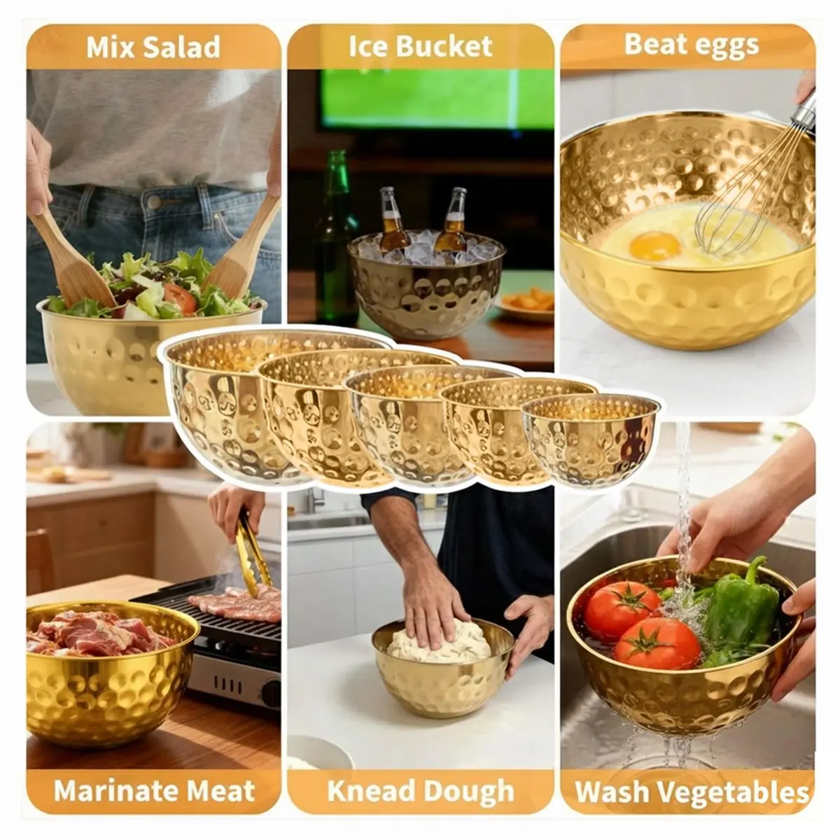 

2023 Новый набор мисок из нержавеющей стали из 5 предметов, металлические кованые золотые миски для кухни, приготовления пищи, выпечки, салата, емкость 1,6-4,9 QT