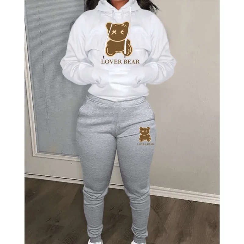 Moletom com capuz e calça agasalho feminino, roupa estampada para urso, terno casual, pescoço com capuz, streetwear, plus size, conjunto de 2 peças,