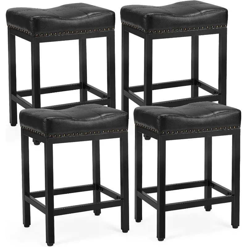 

Bar Stools Set of 4， 24 inch Counter Height Bar Stools, Upholstered Modern Kitchen Barstools with Metal Base, PU Leather Saddle