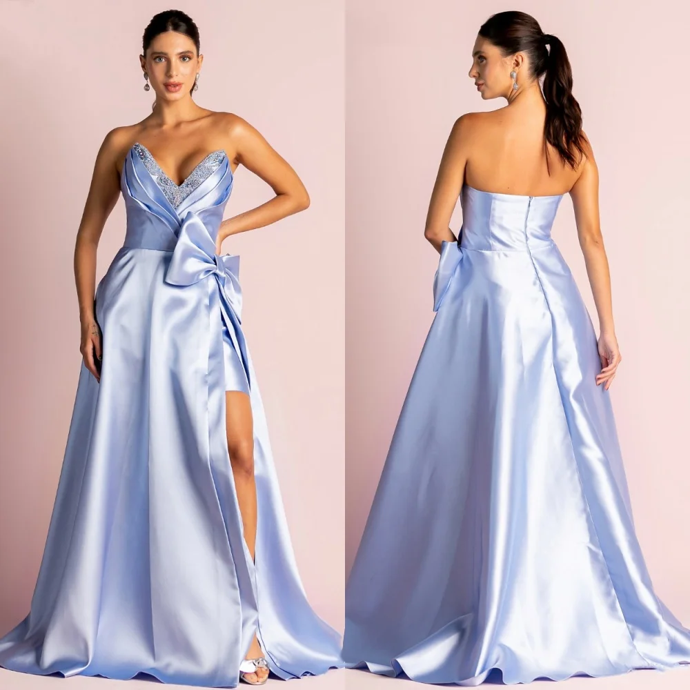 Modern Style Pleat Bow A-line V-neck Long Dresses Evening Dresses Modern Style Pastrol Unisex Chinese Style Formal Casual