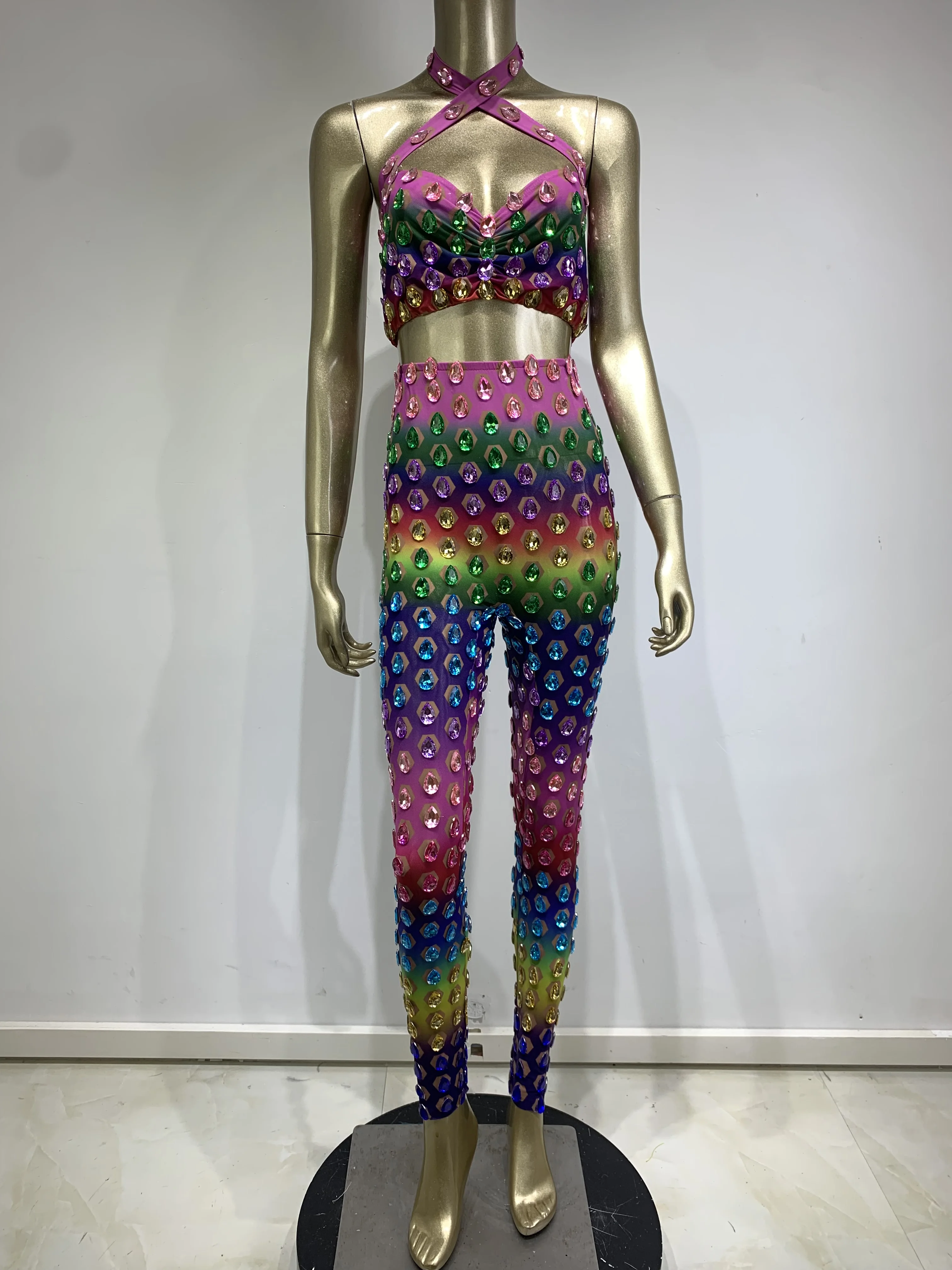 2024 New Women Colorful Crystal Diamond Stretch Mesh Set Birthday Celebration Nightclub Party Dancer Female Singer Stage Costume