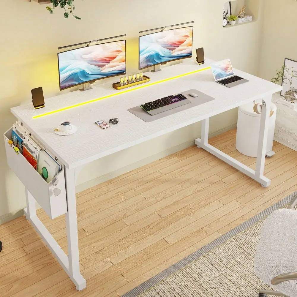 

55 W Gaming Desk With LED Lights,Computer Desk With Storage Bag, Simple Office Desk With Headphone Hook For Study Writing Work