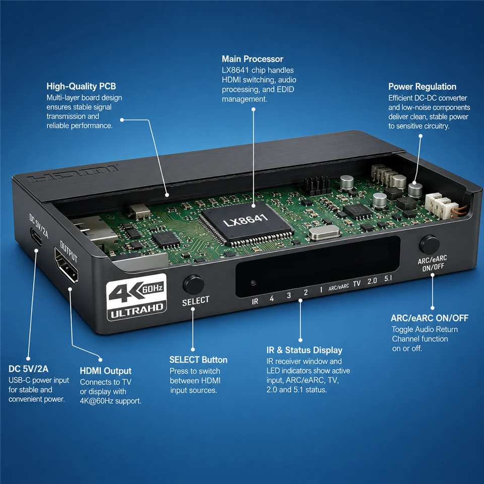 Mini 4x1 4K przełącznik HDMI Audio z łukiem i optycznym przełącznikiem Toslink HDMI 2.0 4K 60Hz pilot przełącznik HDMI er do Apple TV PS4 — zdjęcie produktu 4