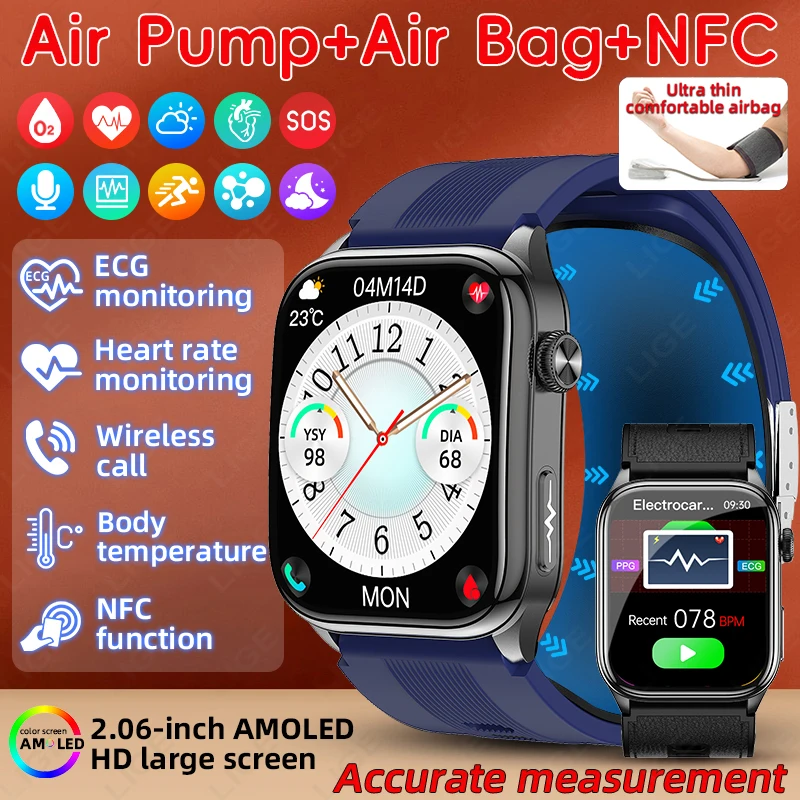 

Новые Смарт-часы AI Diagosis ECG Health для мужчин, кровяное давление, липид, мочевая кислота, NFC, воздушный насос, подушка безопасности, женские умные часы для Android iOS