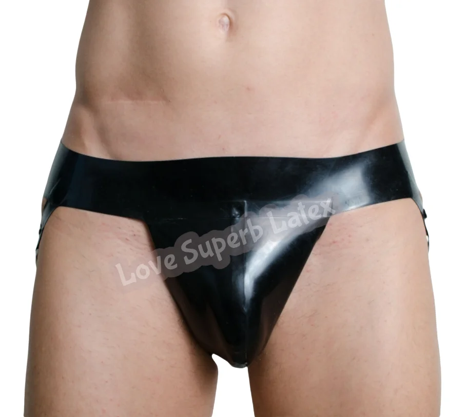 ラテックスジョックストラップ、両側に金属装飾フープ付きゴムメンズラテックスパンティー下着