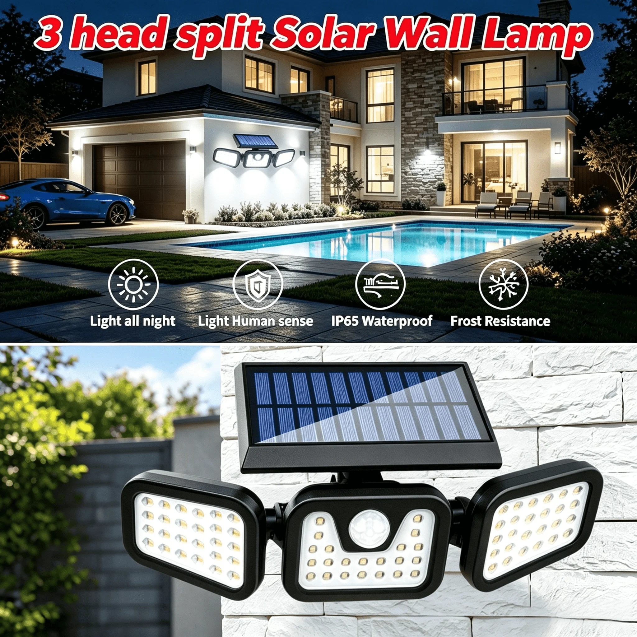 LED Solar Outdoor Sports Sensor Light Adjustable Lamp Head Waterproof Three-Head Solar Wall Light Suitable for Courtyard, Garage