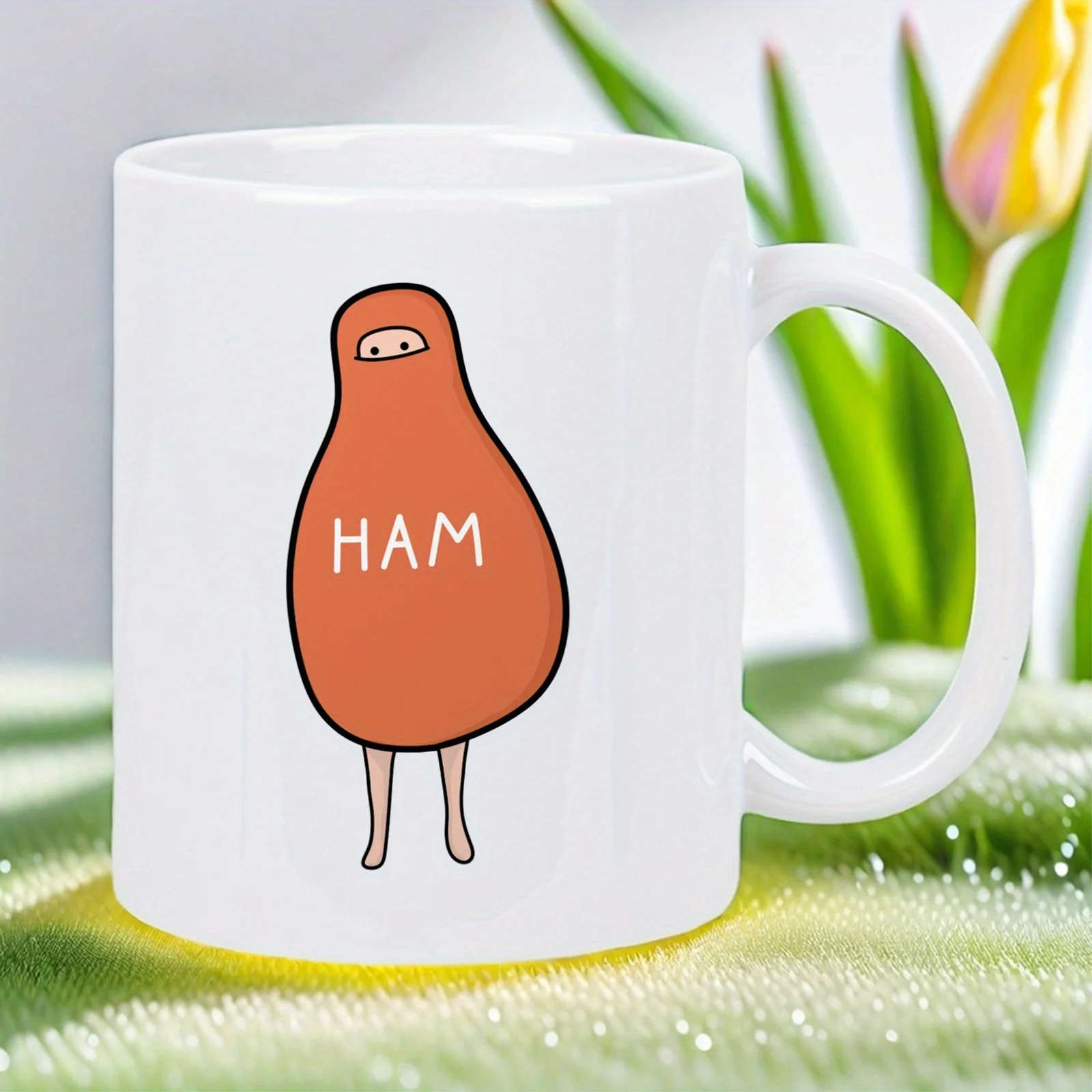 Funny Ham Design Mug - White Ceramic Cup with Cute ham character, Perfect for Coffee, Tea, Office Home Kitchen - Unique Gift for