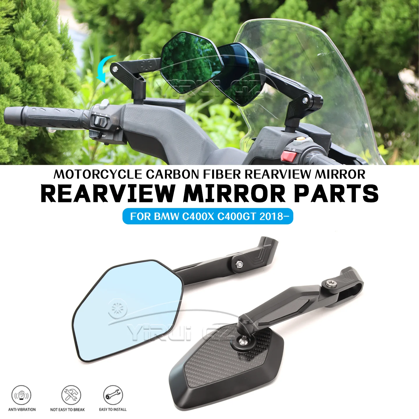 

Motorcycle rearview mirror FOR BMW C400X C400GT 400 2018- Foldable mirror rod Rearview Side Mirror Blue light anti-glare mirror