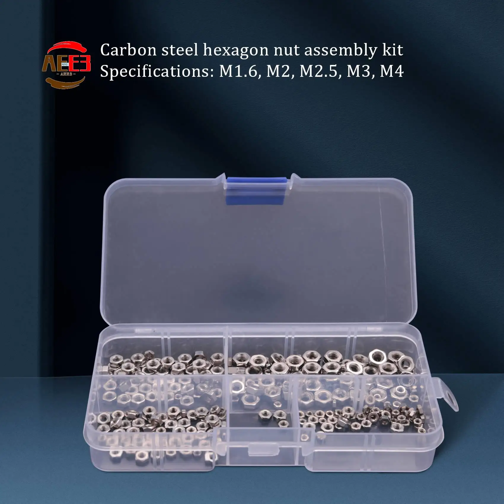 AEE3-250 Pcs/Set M1.6 M2 M2.5 M3 M4 Carbon Steel Hex Nut Assortment Kit Hexagon Nuts Metric Thread Assortment Kit
