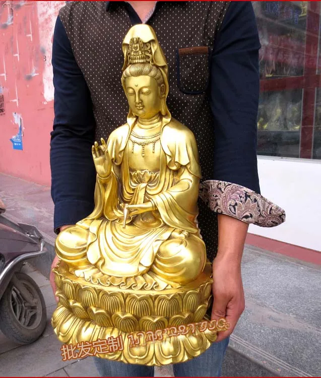 WOW-55CM Large HUGE -HOME lobby Temple efficacious Talisman GOLD Nanhai Guanyin Buddha brass carving Sculpture statue