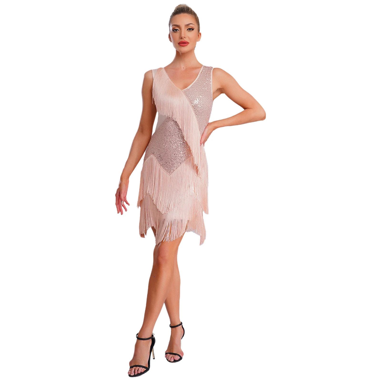 Vestido feminino de dança salsa latina, borla em camadas, lantejoulas brilhantes, sem mangas, franjas, bodycon, mini vestido para chacha tango, roupa de salão