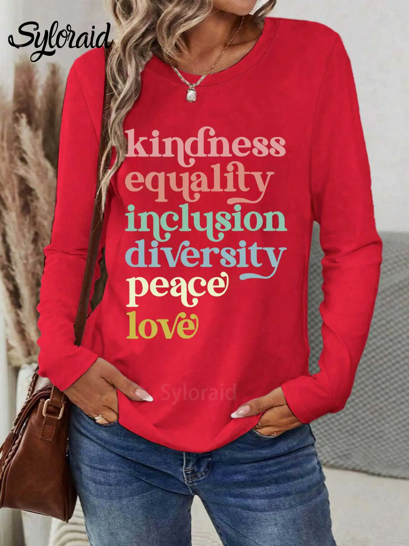 여성용 긴 소매 티셔츠, 친절 평등 인클루시브 프린트 티셔츠 패션 라운드 넥 캐주얼 탑 모든 계절에 적합