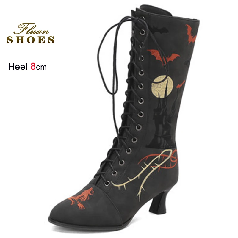 

Новинка 2025, осенне-зимние желтые, черные женские рыцарские сапоги с вышивкой, сапоги до колена с круглым носком, тонкие высокие каблуки без шнуровки, размер 35-43