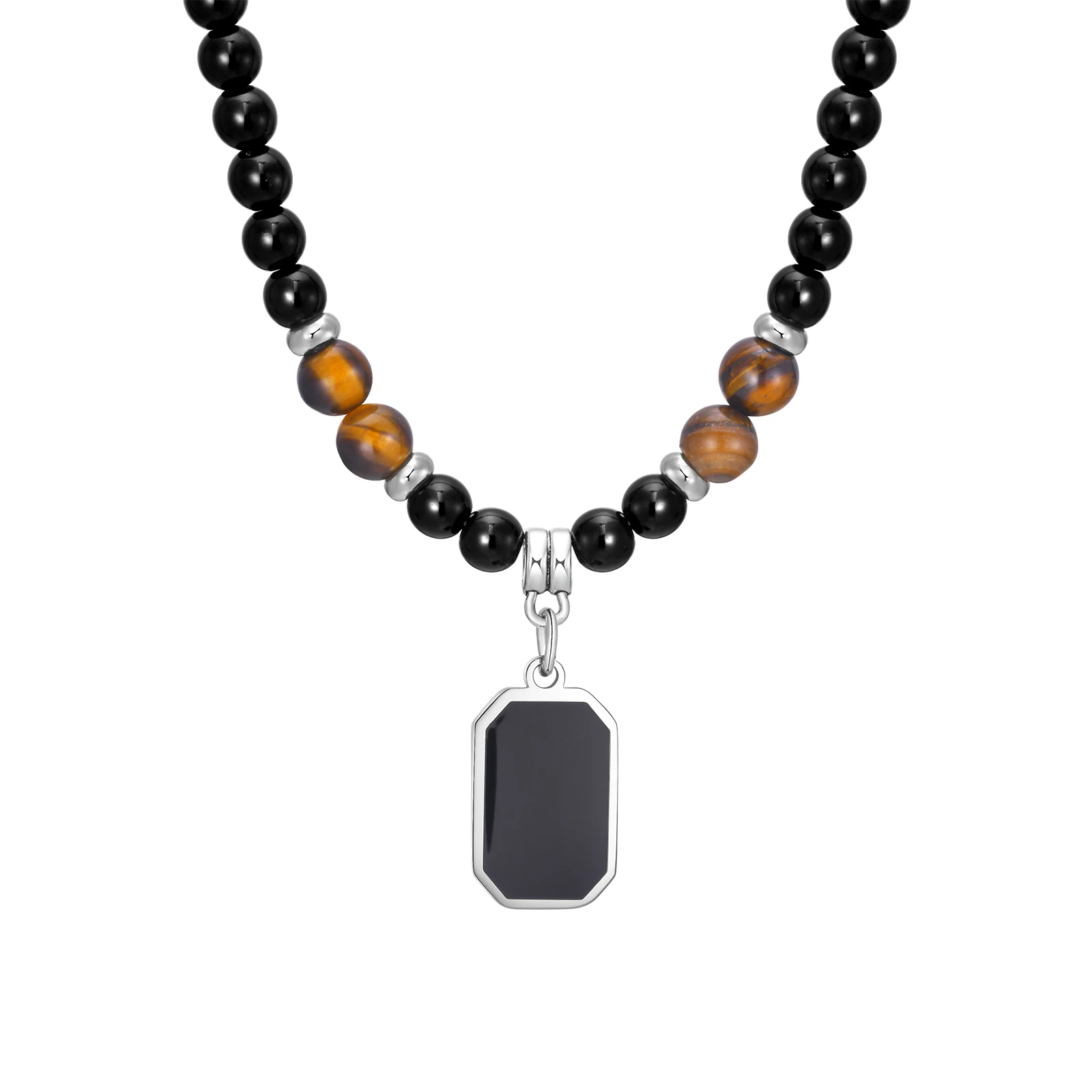 Mprainbow Black Geometric Pendant Necklaces for Men Boys,Tiger Eye Strand Beaded Necklace,Stainless Steel Waterproof Jewelry