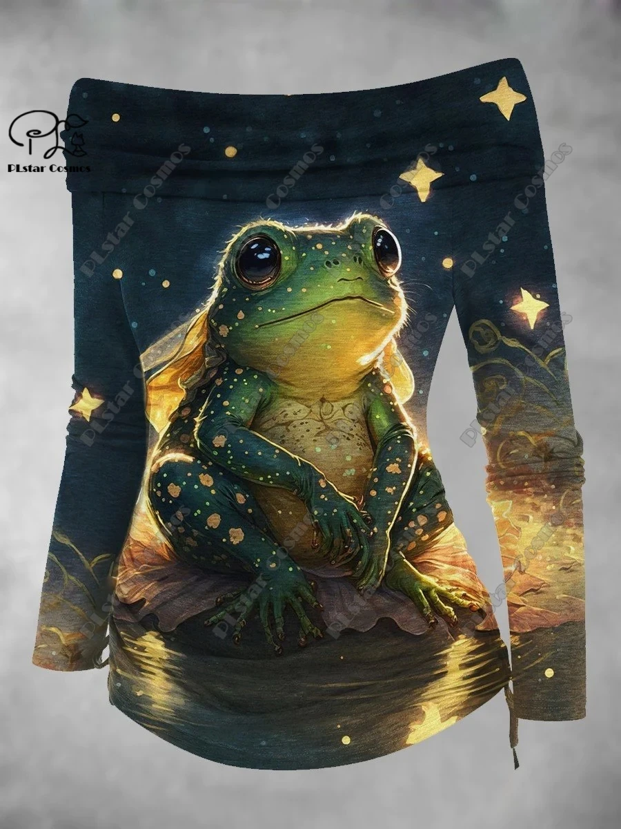 3D printed animal series cute frog squirrel turtle x pattern printed off-shoulder pleated tight T-shirt women's casual top