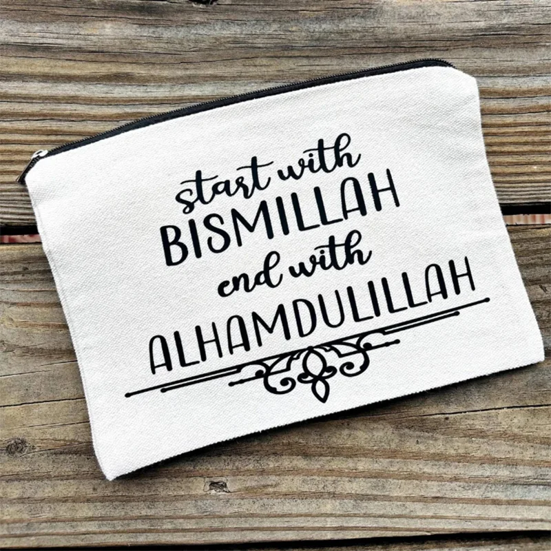 Eid Mubarak Makeup Bag Pencil Pouch Start with Bismillah End with Alhamdulillah Eid Al-Fitr Muslim Islamic Ramadan Kareem Gifts