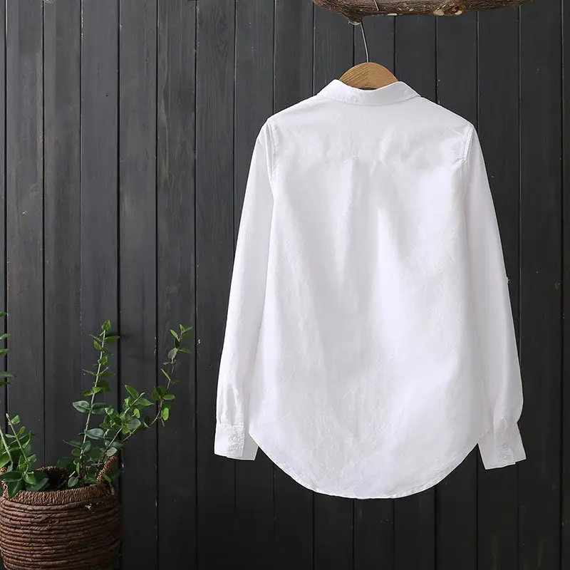 قميص نسائي كاجوال من القطن الخالص للربيع والخريف، تصميم كوري بسيط متعدد الاستخدامات، قميص أساسي احترافي للسيدات بياقة وأزرار