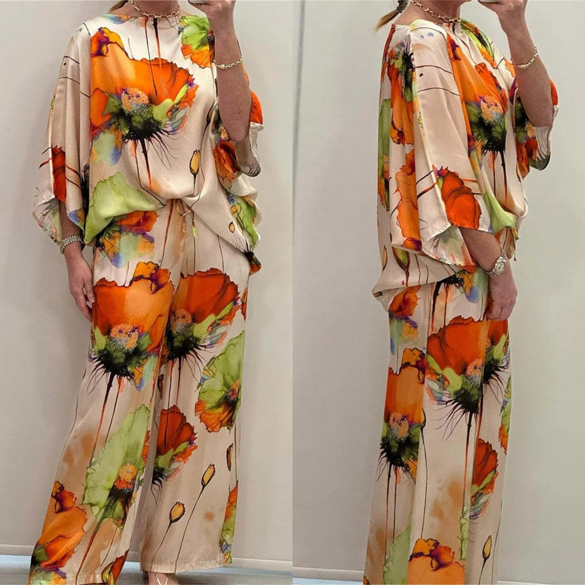 Summer Printed Two Piece Sets Fashion Satin Suits Round Neck 3/4 Sleeved Top Wide Leg Pants Casual Urban Sexy 2PCS Spring  2024