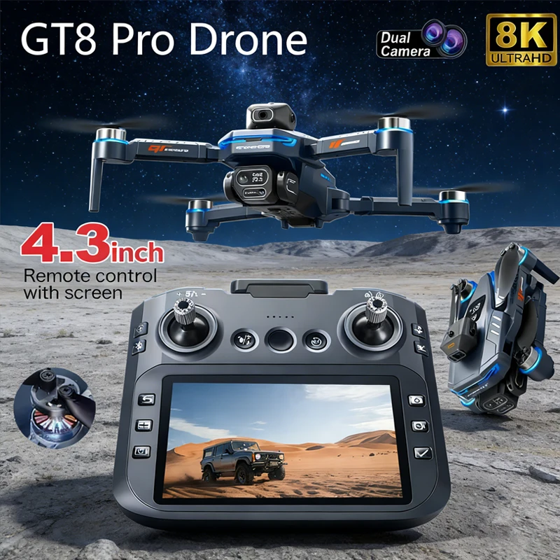 

Дрон GT8 с двойной камерой 8K, бесщеточным двигателем, 5G Wi-Fi, функцией обхода препятствий, большим экраном и индикатором заряда батареи в реальном времени, квадрокоптер