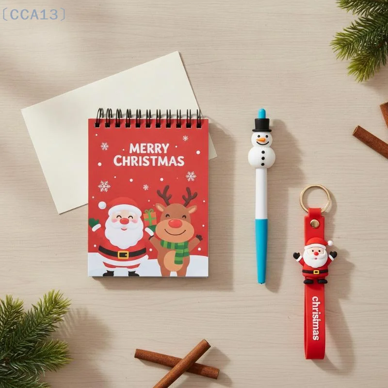[CCA13]3-in-1 Christmas Stationery Set Non-toxic Material Notebook Pen Keychain Santa Snowflake for Children Xmas Small Gifts