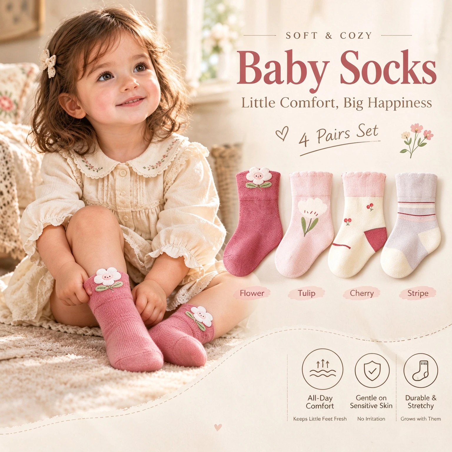 4 Pairs Baby Girls Mid Calf Socks Cute 3D Flower Cherry Striped Toddler Socks Soft Elastic Ankle Socks For 0-4Y Infant