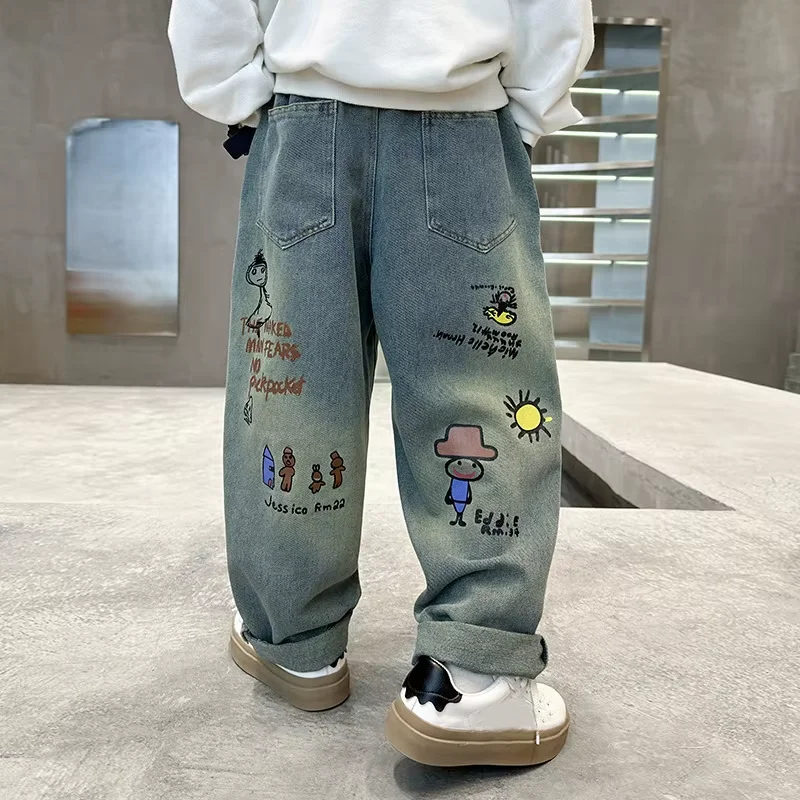 Spring Autumn New Children's Jeans Casual Graffiti Streetwear Soft Denim Pants For Boys Girls Children's Loose Fashion Trousers