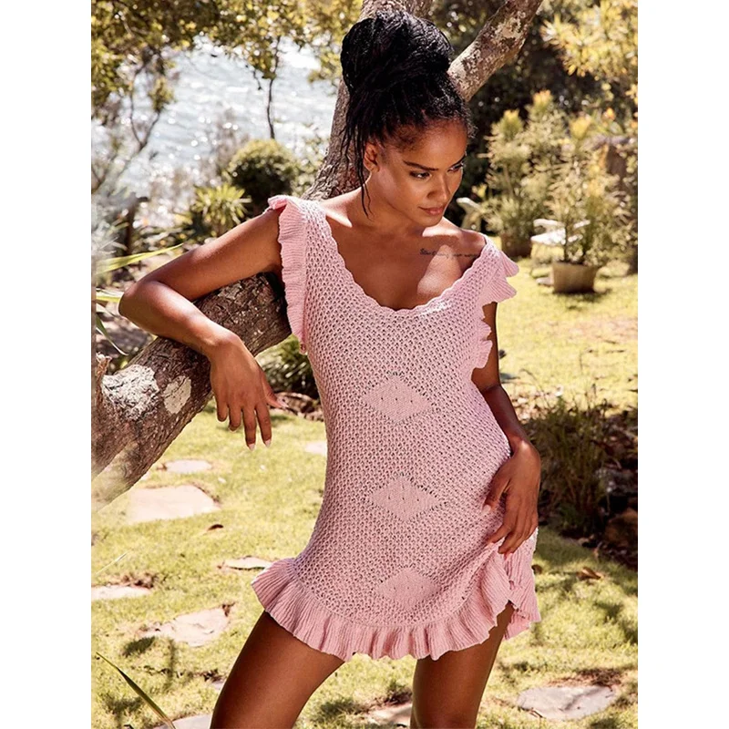 

Fashion New White Ruffled Crochet Hollow Out Knit Beach Mini Dress 2025 Sexy Women Chic Beachwear Bikini Cover-ups Tunic A2878