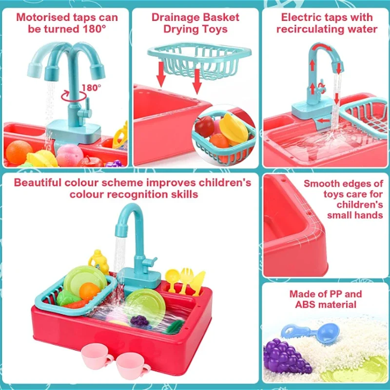 Jouet de Cuisine Évier pour Enfants avec Système de Cycle d'Eau Automatique et Lave-Vaisselle Électrique - Rose