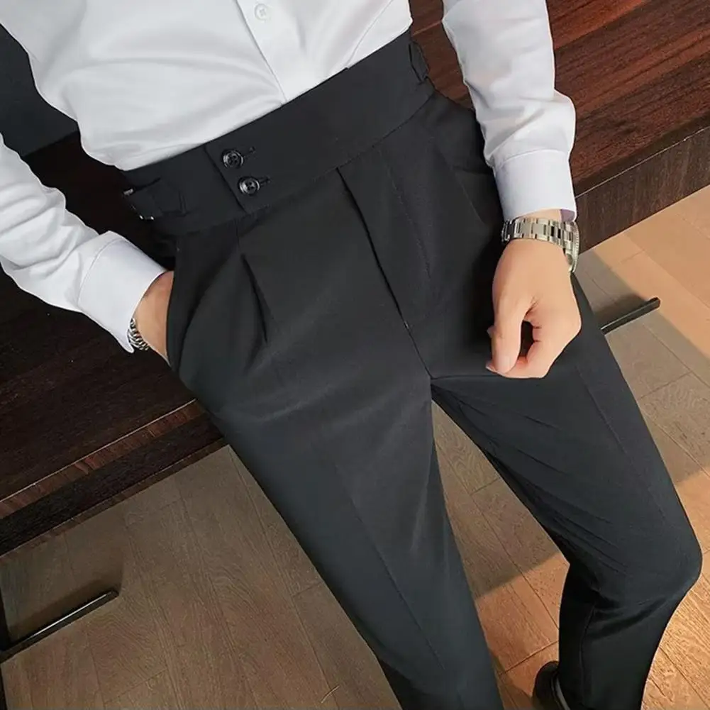 Straight-leg Trousers Classic Men\'s Office Trousers Slim Fit High Waist Vintage Pockets for Formal Business Style Slim Fit Suit