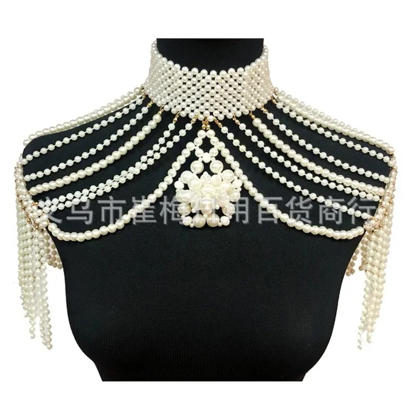 2022 New Women's Shawl T-shirt Woven Pearl Black and White Temperament Catwalk Dress Top Body Chain Chest Chain