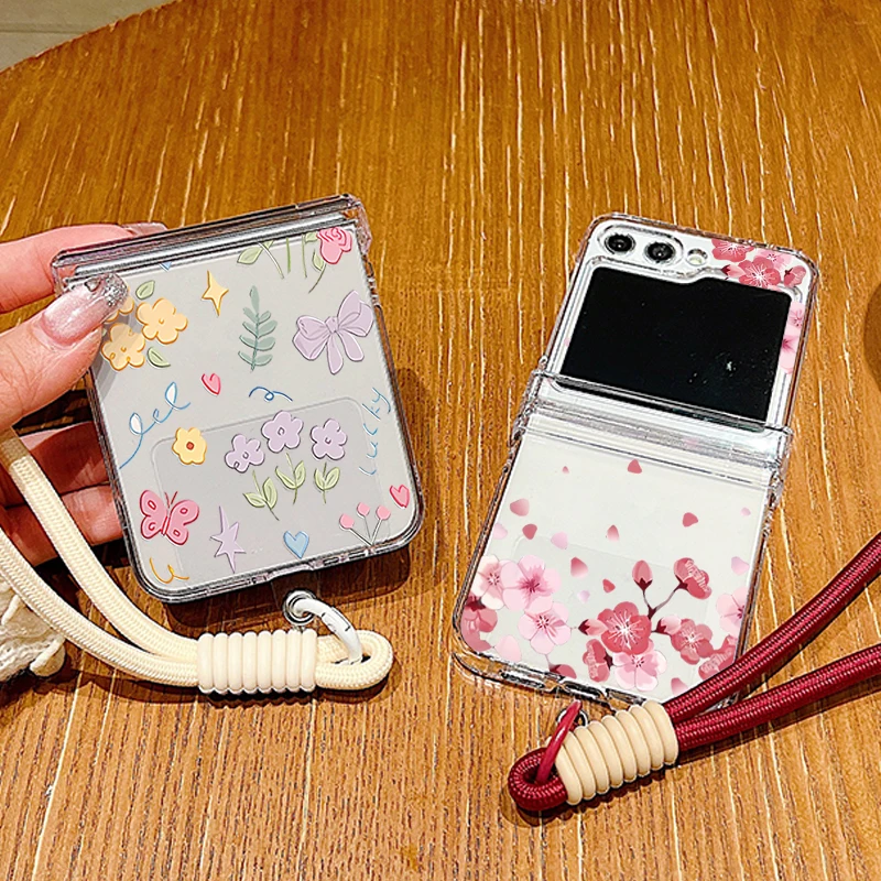 Wrist Strap Lanyard Clear Phone Case For Samsung Galaxy Z Flip 7 FE Flip6 Flip5 Flip4 Flip3 5G Pink Flower Printed Folding Cover view 5