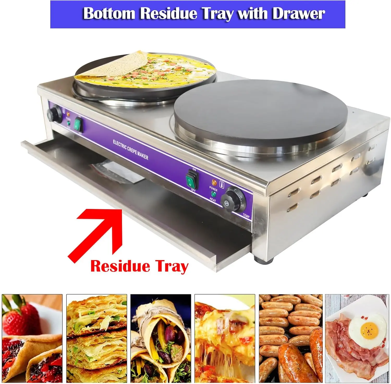 220V Double Electric Crepe Maker 3KW×2 Commercial Pancake Maker Nonstick Pan Griddle Machine Pot for Blintzes Eggs Bacon