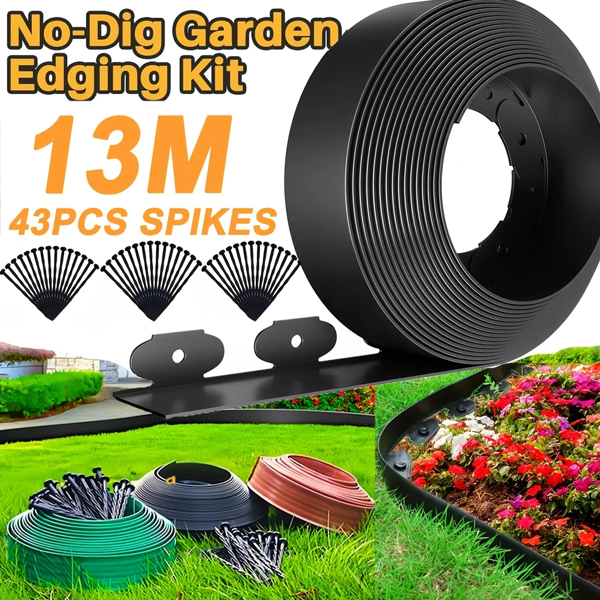 

Комплект окантовки ландшафтной окантовки, длина 5 м/13 м, бордюр без копания сада для клумбы, колец для деревьев, дорожек, в комплект входит 40 шипов