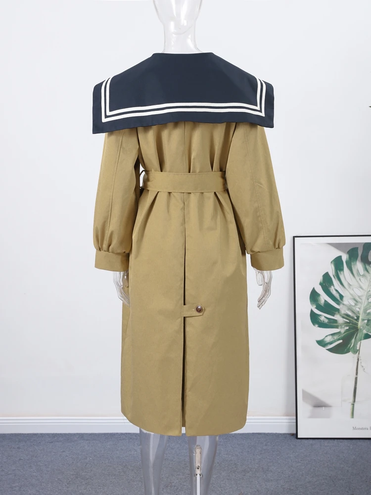 Vintage Women's Long Trench Coat Lace-up Jacket Navy Sailor Collar