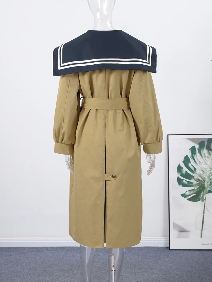 Vintage Women's Long Trench Coat Lace-up Jacket Navy Sailor Collar
