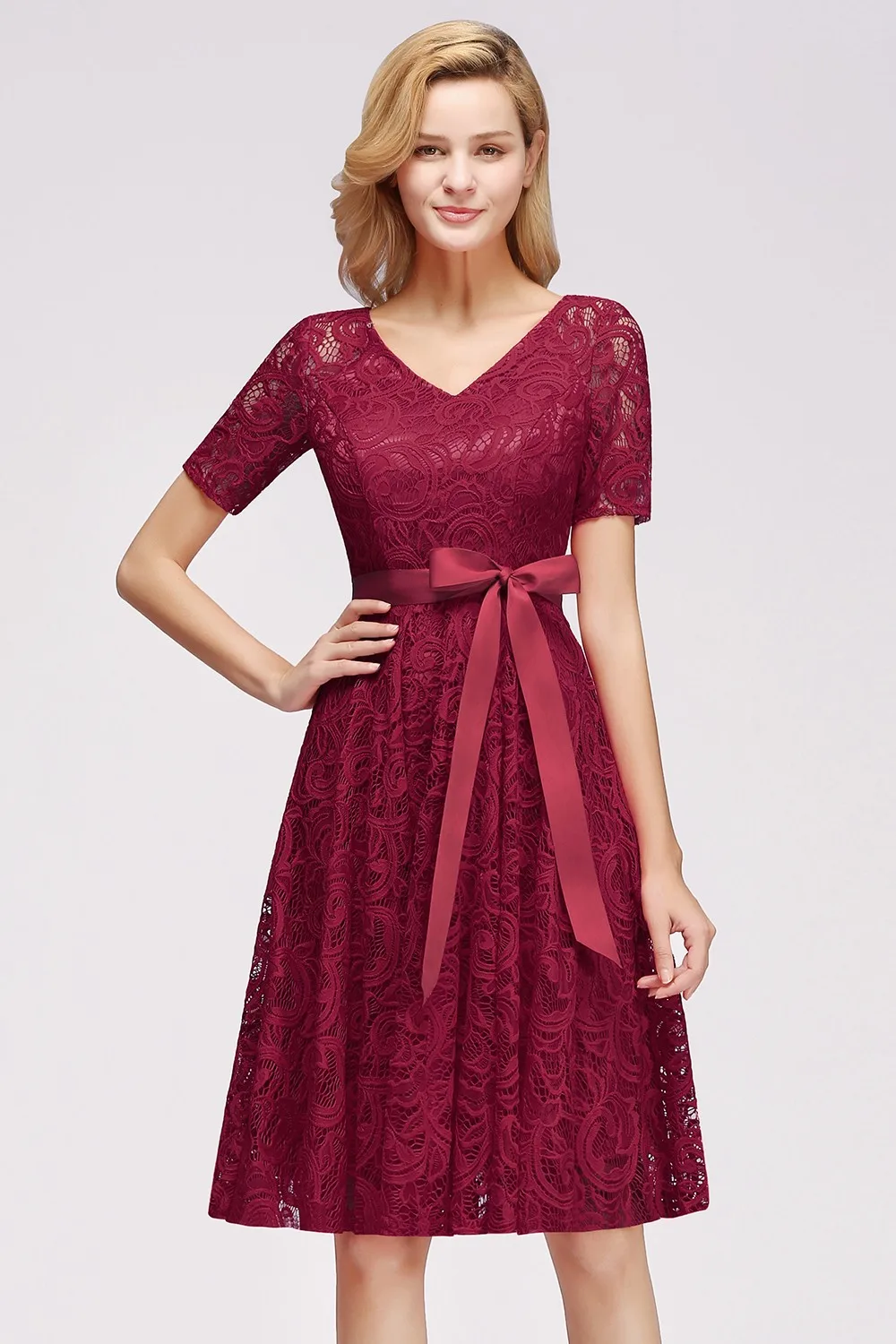 Винтажные кружевные платья подружки невесты с круглым вырезом и короткими рукавами с атласным бантом и поясом, свадебное вечернее платье для выпускного вечера Robe De Soiree