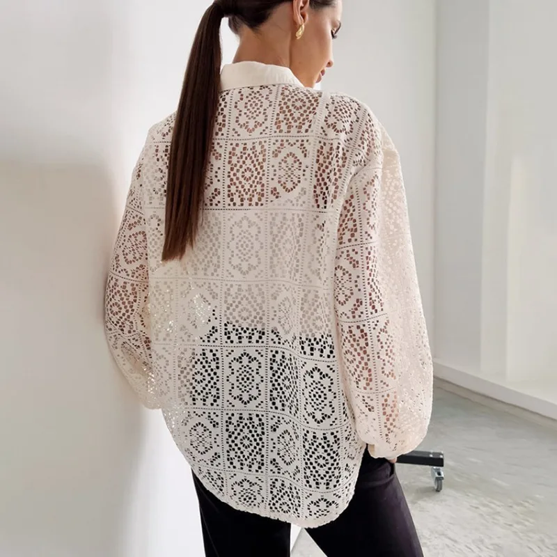 Women's French Elegant Beige Lace Shirt Temperament Commuting Spring Hollow Out Loose Blouses Sun Protection Clothing for Women