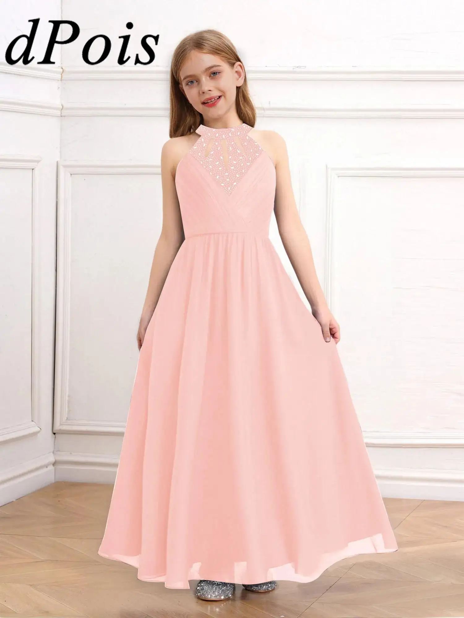 

Elegant Girls Party Dress Halter Princess Gown Ballroom Modern Performance Dancewear Children Chiffon Lyrical Dance Costume