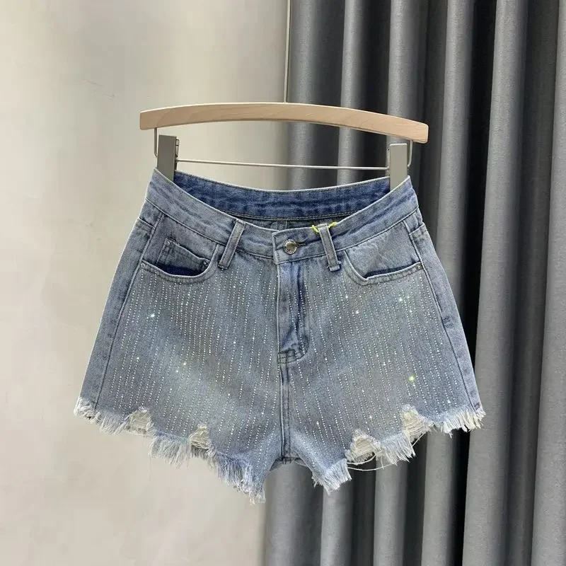Female Short Jeans Pants High Waist with Rhinestones Ripped Women's Denim Shorts Blue Fashion Clothing 2025 Japanese 2000s Style