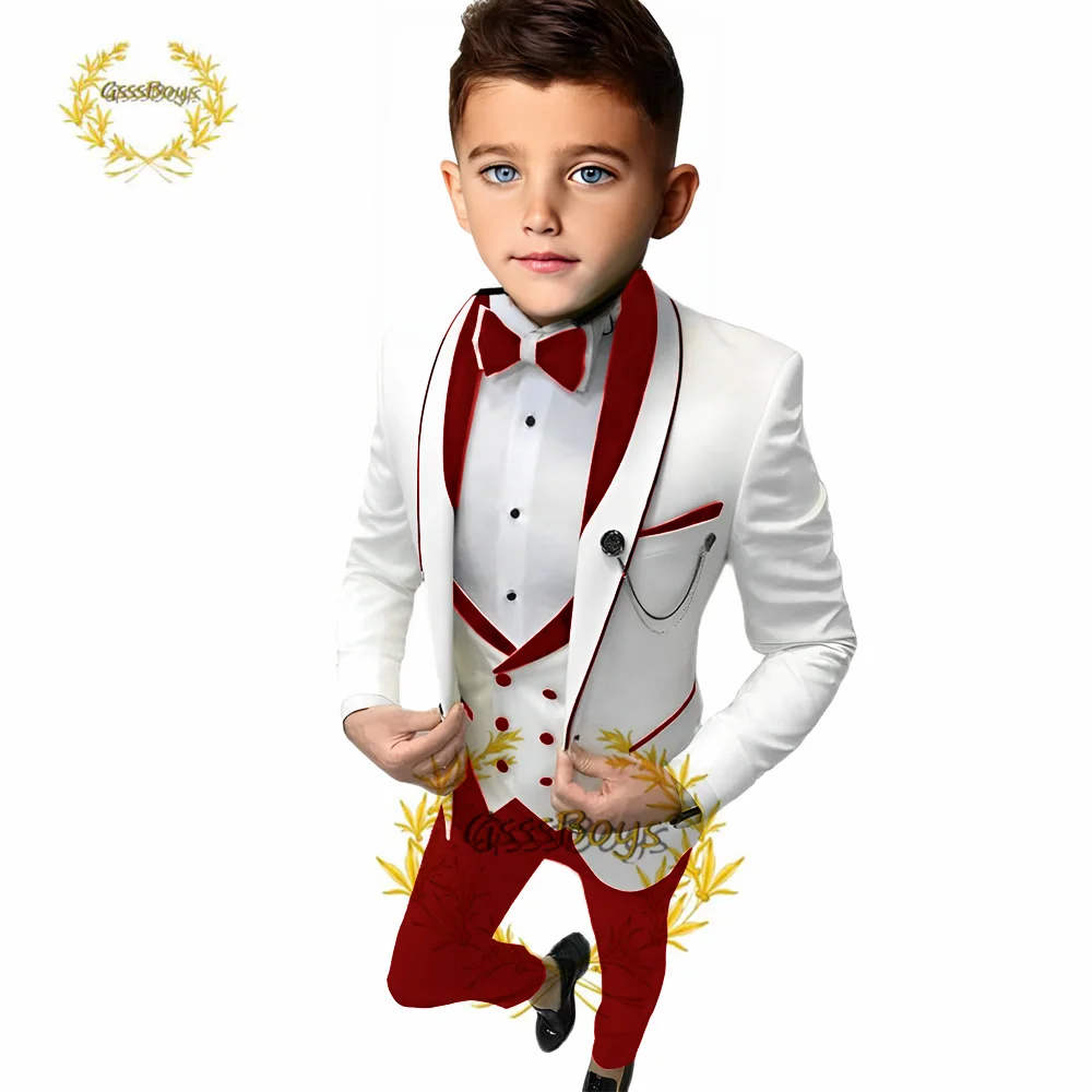 

Kids Suit Wedding Tuxedo Three Piece Jacket Pants Vest Custom 3-16 Boys Clothes Blazer Set Red Full Outfit conjuntos de blazer