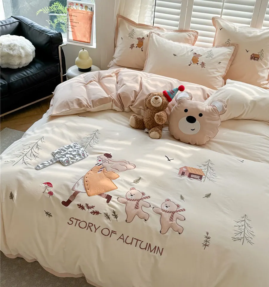 Cute cartoon bear girl bedding set teen,twin full queen king cotton single double home textile bed sheet pillow case quilt cover