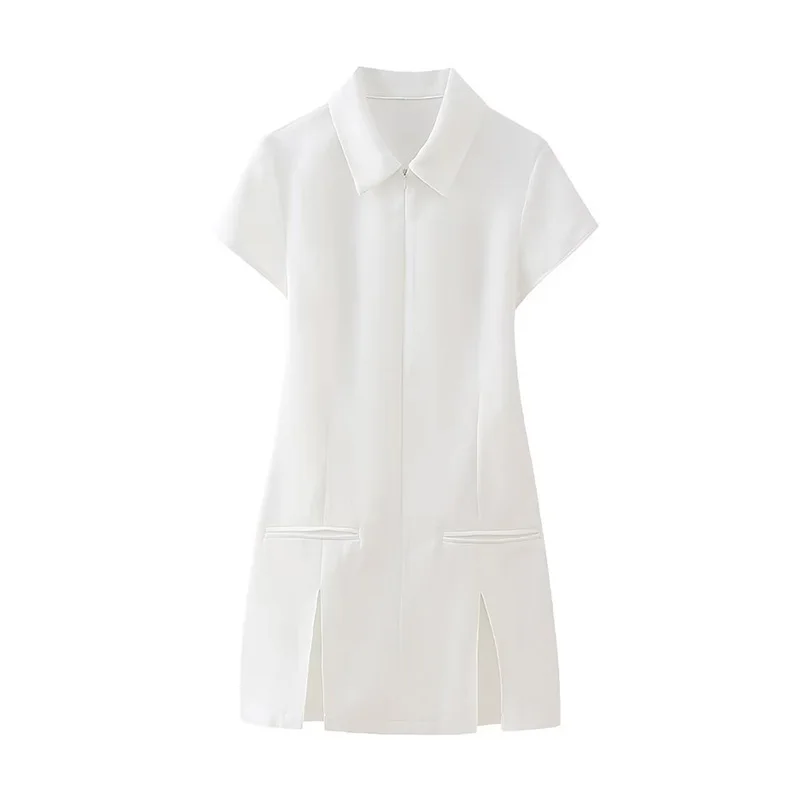 Kuclut 2024 Sommer Frauen Büro Falten kleid Kurzarm umdrehen Kragen Reiß verschluss vorne schlank Feamle Mini kleid y2k