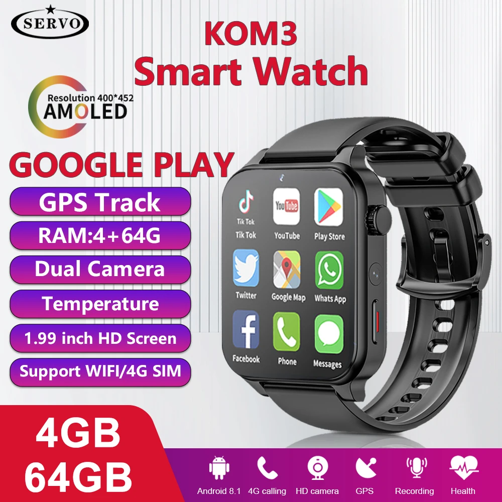 

1.99" Smart Watch 4G 64G Ultra KOM3 Google Play NFC GPS Dual CPU Camera Men Women Sport Android Full Network Sim Card Slot Store