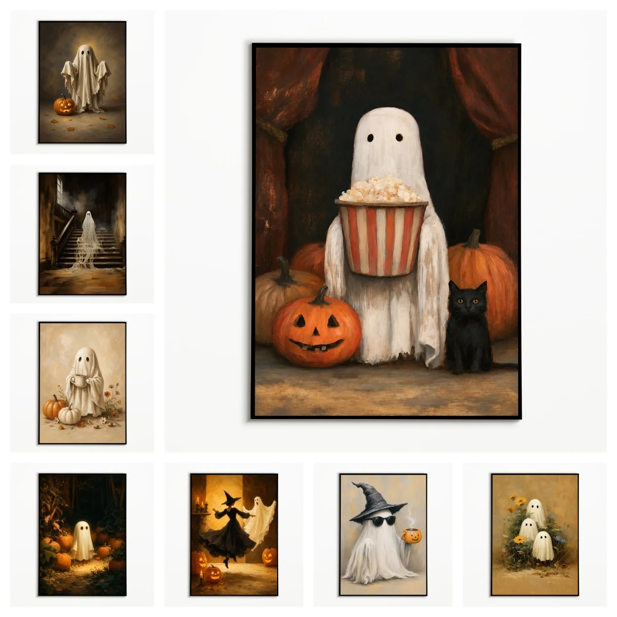 1 Stück Herbstliches Niedliches Geister-Kürbis-Schwarzkatzen-Hexen-Poster Retro Halloween Horror Wandkunst Leinwanddruck Herbstgeschenk Raumdekoration