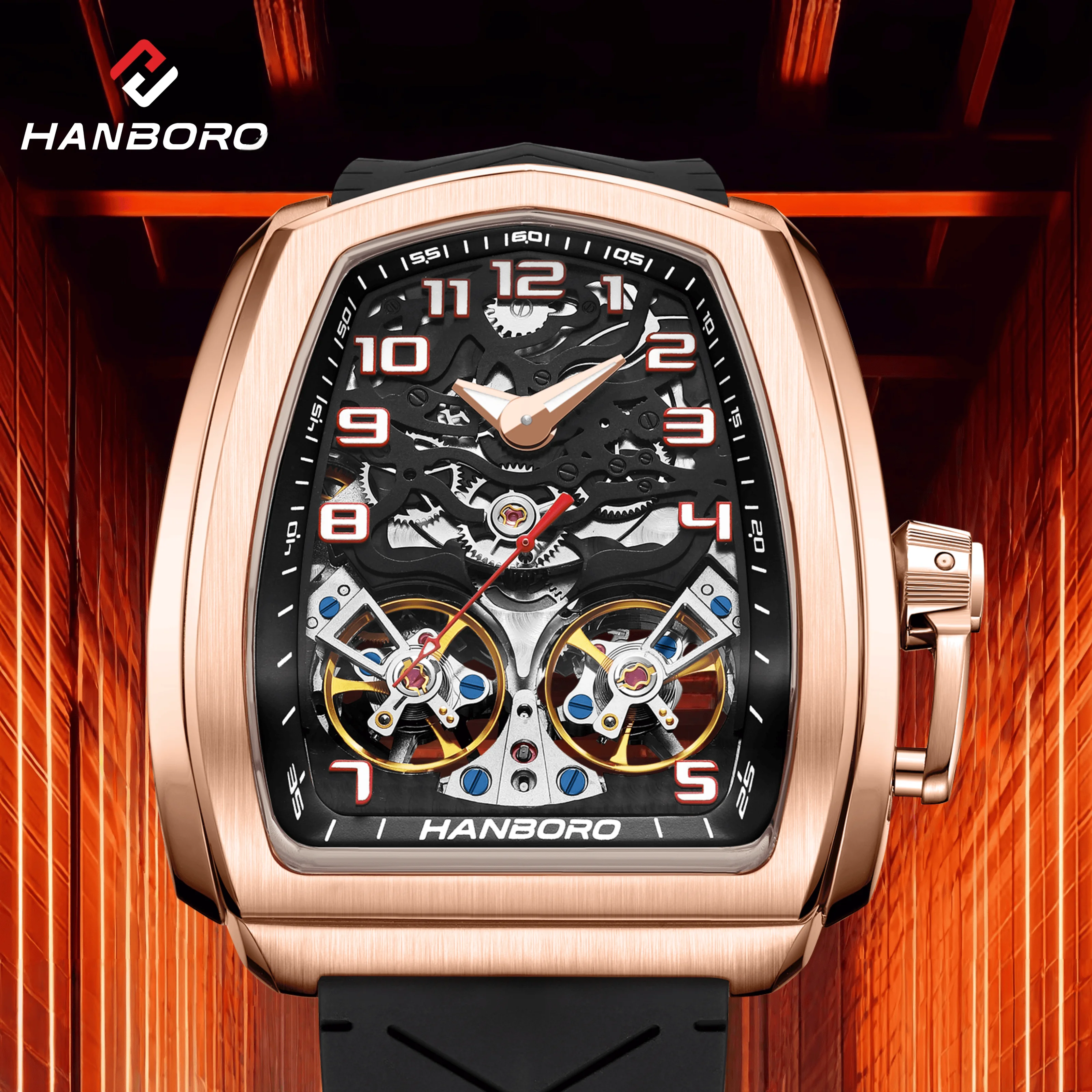 HANBORO Racing Irregular Case Rose Gold Double Flywheel Men's Automatic Mechanical Watch Red Hollow Dial Luxury Sports Watch 985