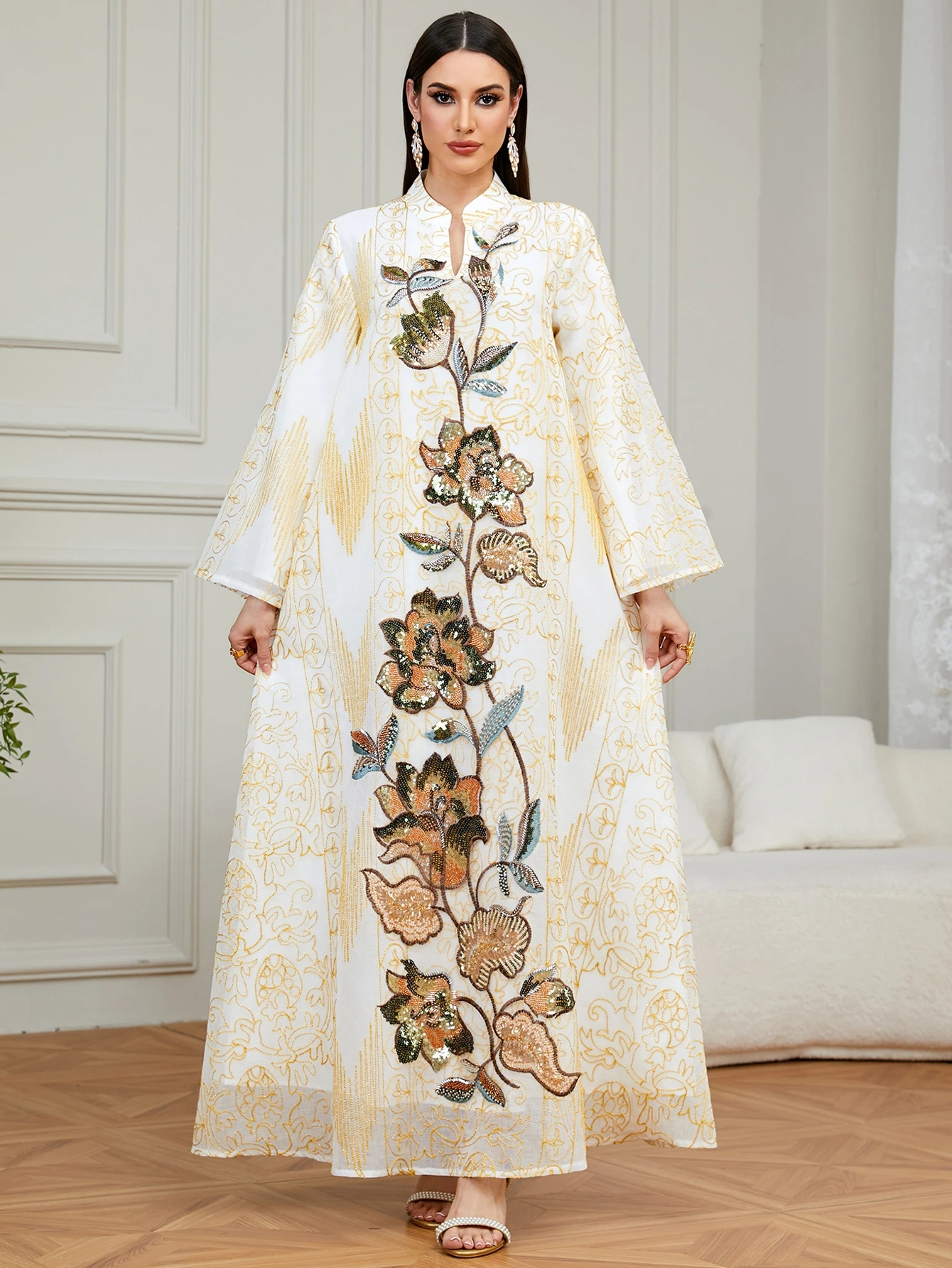 

Fashionable Embroidered Loose Dress Sequin Long Skirt Ethnic Style High Waist A-Line Gown for Date And Daily Wear Summer 2026